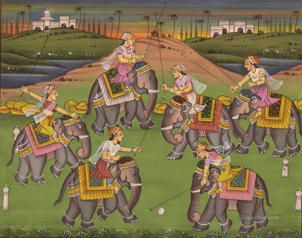 Femmes indiennes sur éléphant jouant au ballon Peintures à l'huile